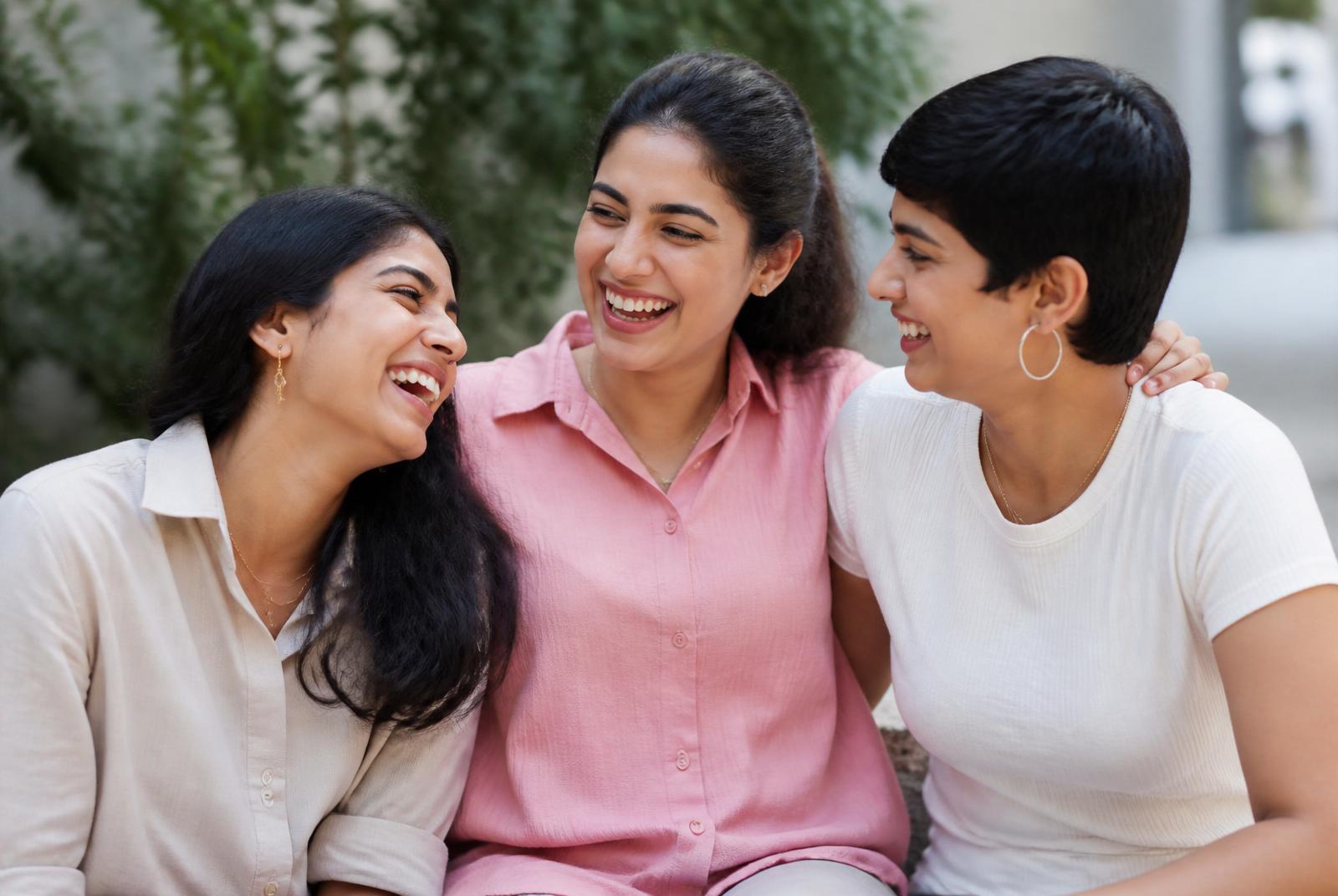 Three young women laughing together, arms around each other